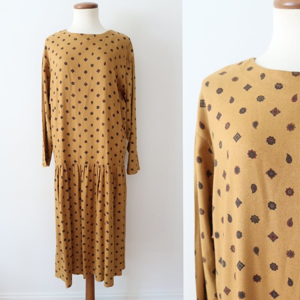 90s mustard paisley drop waist grunge midi dress